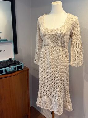 Vintage Y2K Crochet Dress, Tan Crochet Dress, Scalloped Detail, fairygoth, beach